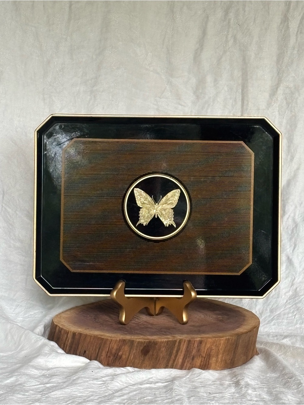 Otagiri Black Lacquerware Tray with Gold Butterfly